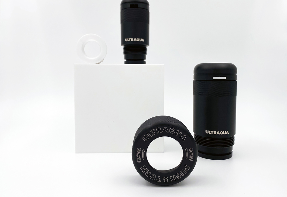 Four machine parts made of POM, PTFE and PVDF for a water cleaning syste