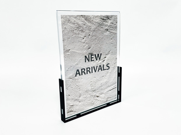 Acrylic sign holder with a foot of black matt acrylic