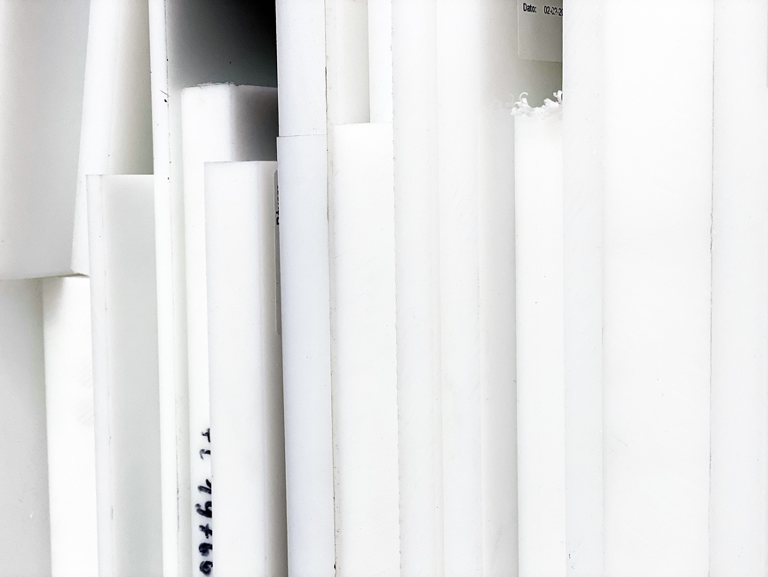 Sheets of PTFE plastic at Induflex's inventory in Støvring