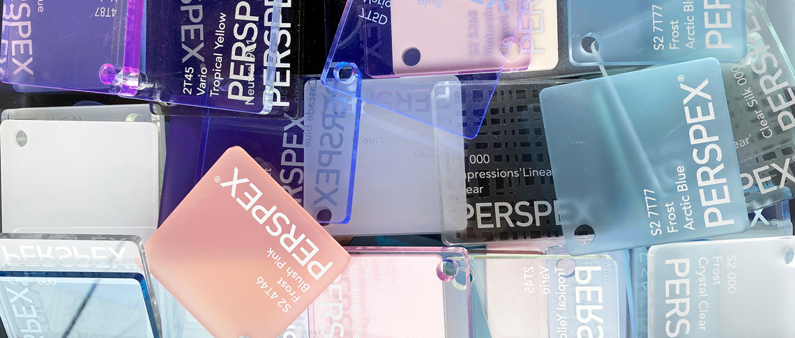 Perspex acrylic samples in blue, pink and purple nuances from Induflex