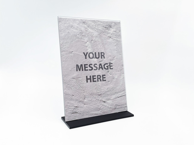 Sign holder in clear acrylic with a black foot in acrylic