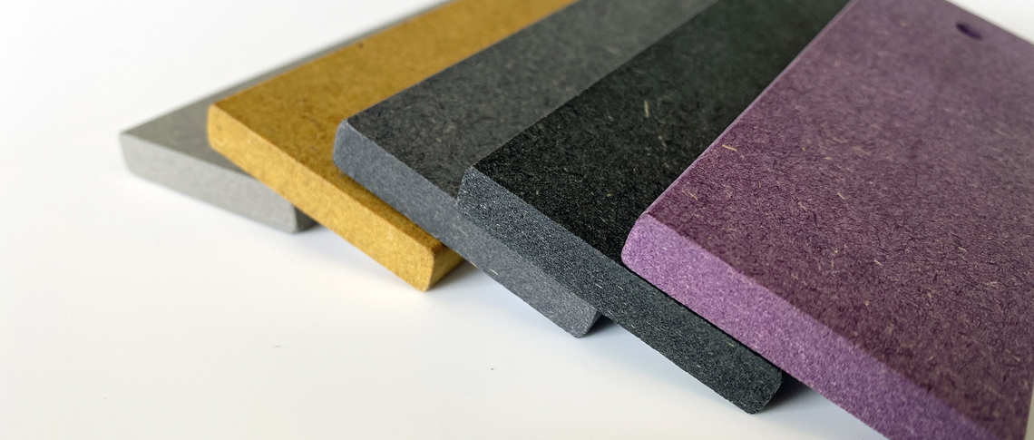 Valchromat MDF i grå, gul og lilla farver fra Induflex
