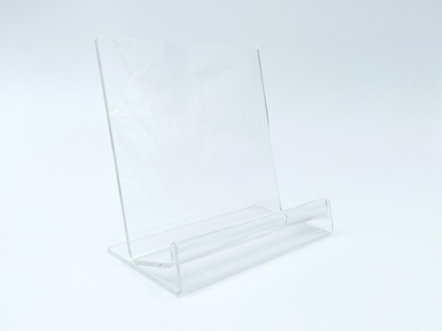 Bent brochure holder in clear acrylic